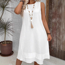 2025新跨境亚马逊独立站欧美纯色无袖圆领休闲宽松中长连衣裙