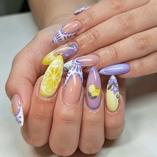 Medium-length almond-shaped press-on nails with lemon flower French design, finished fake nails with 3D embossed manicure