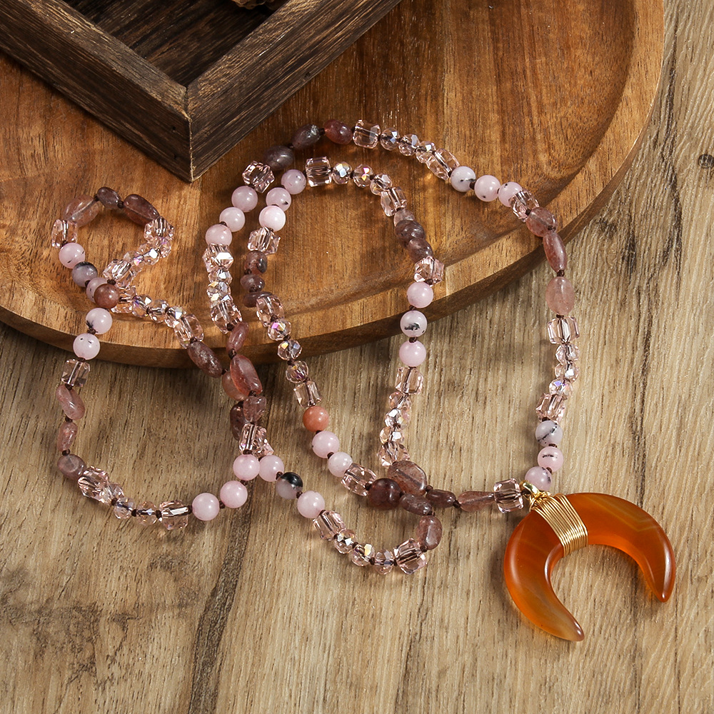 75g Weight Natural Stone Pendant Material Long Necklace Classification Vintage Style Ethnic Style Moon Semi-precious Stone Natural Stone Beaded Chain Long Necklace In Bulk