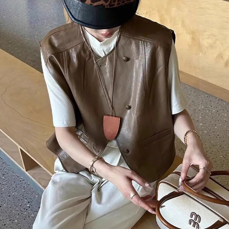 Retro Pu Leather Vest for Women's Outer Wear Autum New Ancora Red Sleeveless Waistcoat Leather Vest Jacket for Women A6422