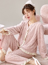 秋冬季加厚款珊瑚绒睡衣女套装家居服加绒可爱法兰绒长袖开衫大码