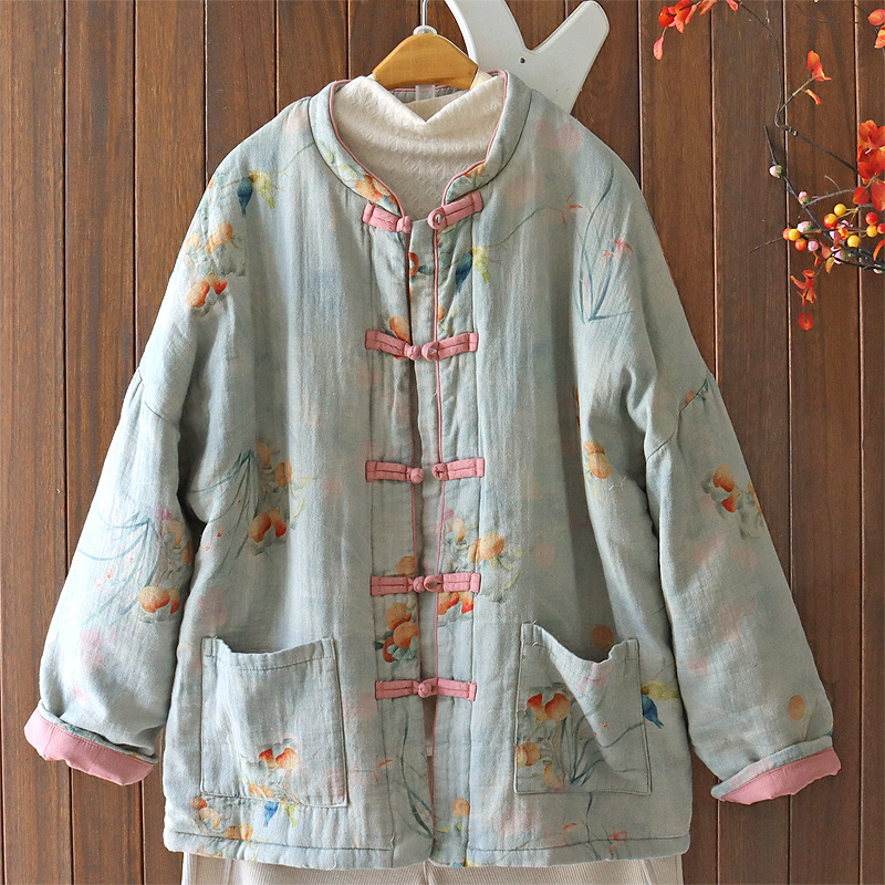 民族风复古印花加厚棉衣棉服女中式立领气质保暖撞色盘扣棉袄外套