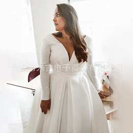 亚马逊跨境欧美大码女装宴会礼服V领小拖尾婚纱结婚礼服一件代发
