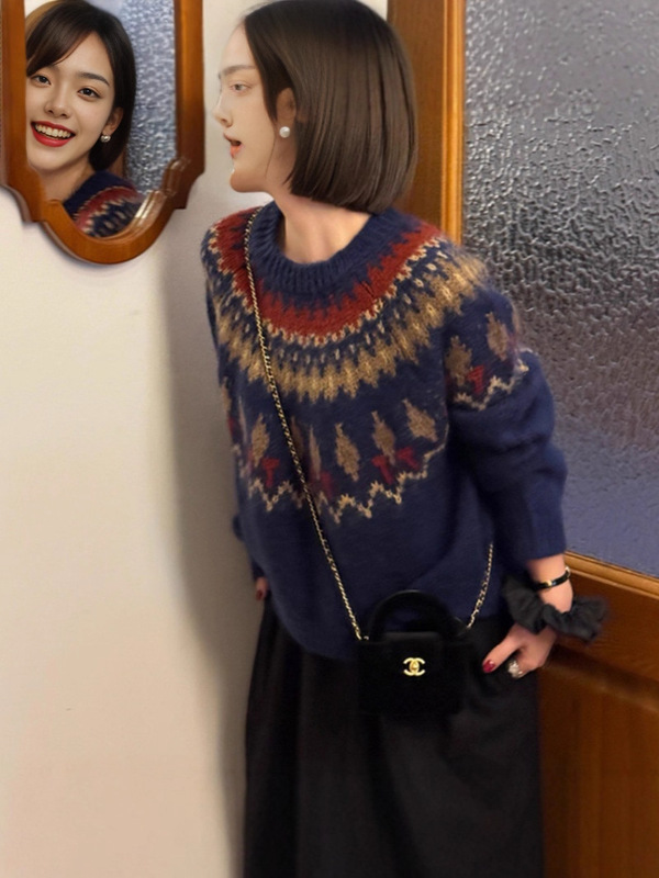复古撞色提花套头毛衣女宽松休闲百搭加厚保暖2025秋冬针织衫上衣|undefined