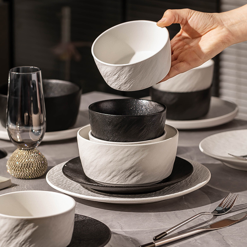 Black and white stone-pattern ceramic bowl and plate set, high-end textured tableware, home-use underglaze colored rice bowls and plates, housewarming tableware Black and white stone-pattern ceramic bowl and plate set, high-end textured tableware, home-use underglaze colored rice bowls and plates, housewarming tableware
