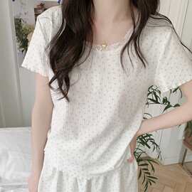 甜美针织蕾丝圆领蝴蝶结短袖短裤睡衣夏季新款少女舒适家居服套装