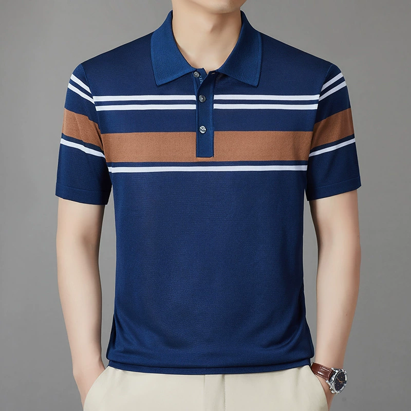 Летняя футболка с короткими рукавами для папы, мужская рубашка-поло среднего возраста с лацканами из мерсеризованного хлопка, дышащая рубашка-поло в полоску, деловой топ