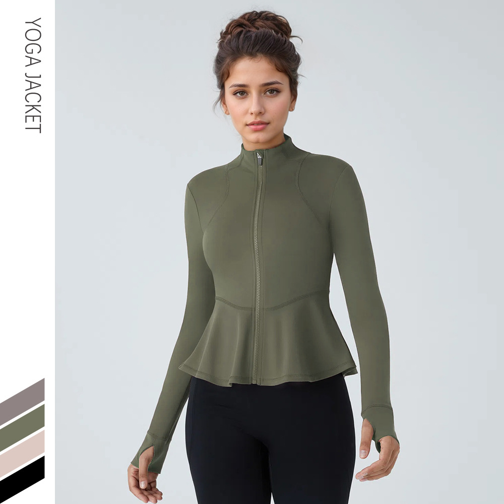 Autumn and Winter New Yoga Sports Fitness Coat Women's Nylon Stretch Zipper Running Dance Pilates Long Sleeve Top