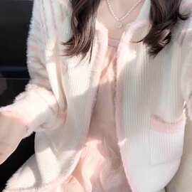 奶粉色大翻领拉链针织开衫女2024秋冬新款甜美爱心刺绣外套女上衣