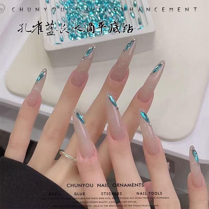 New peacock blue flat bottom long water drop nail drill shallow lake blue 3*10mm fine water drop white nail decorations