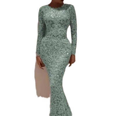 2025 European and American Spring Amazon Women's Gold-Leaf Long-Sleeve Bodycon Sexy Long Dress Evening Gown for Women