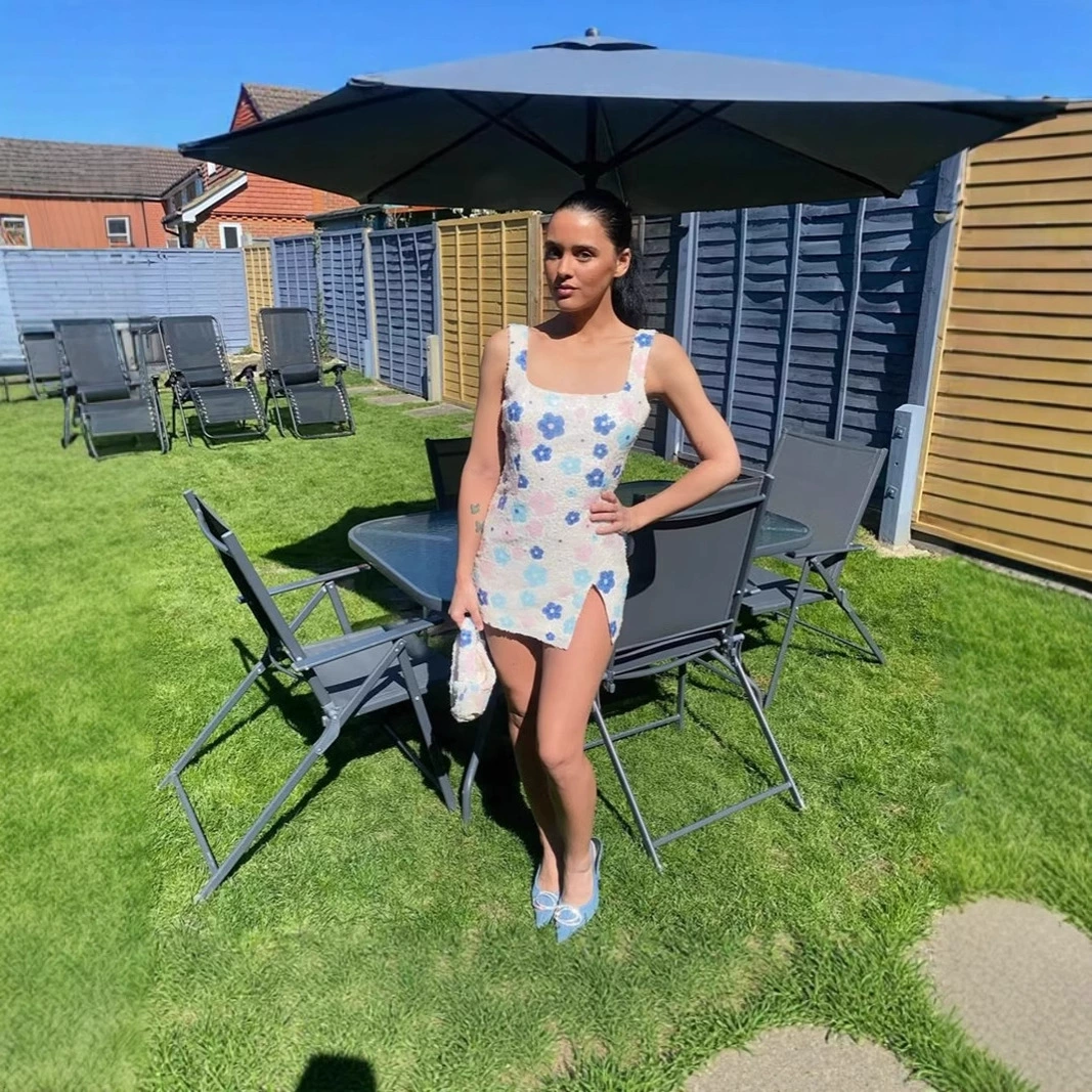 Летнее платье 2025 года в ретро стиле, без рукавов, с французскими пайетками и цветочным принтом, с завышенной талией.