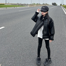 女童机车皮衣外套韩版新款黑色皮毛一体上衣冬款加绒加厚