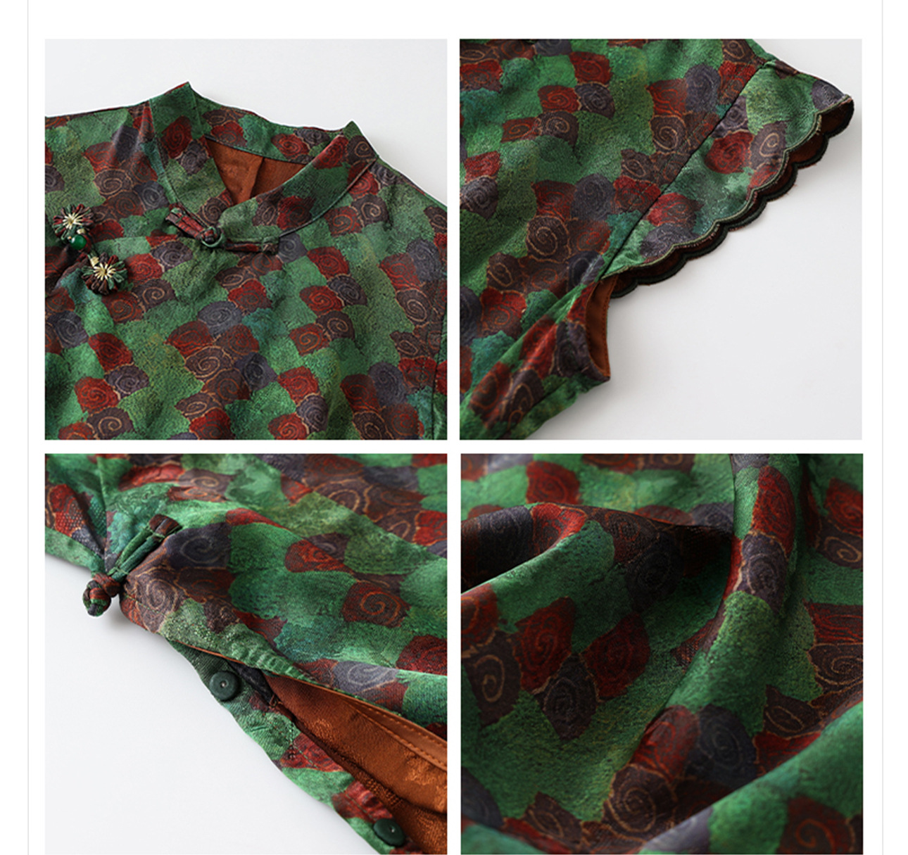Váy sườn xám cổ đứng phong cách Trung Hoa, chất liệu rayon, họa tiết kẻ sọc thêu, dáng chữ A — Mỏ xanh chi tiết 3