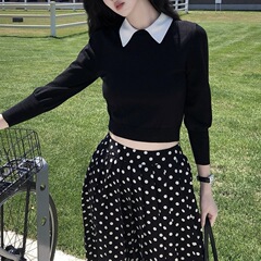 neurcz 黑色长袖针织衫女早秋修身显瘦简约百搭休闲翻领上衣