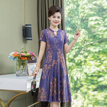 夏季中国风复古连衣裙印花洋气妈妈女中长款短袖裙子宽松遮肚薄款