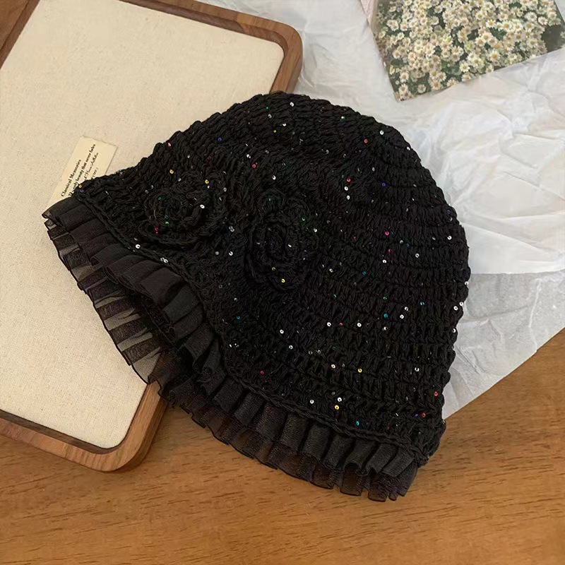 春夏薄款手工编针织帽女镂空钩花毛线帽甜美文艺显脸小包头堆堆帽|undefined