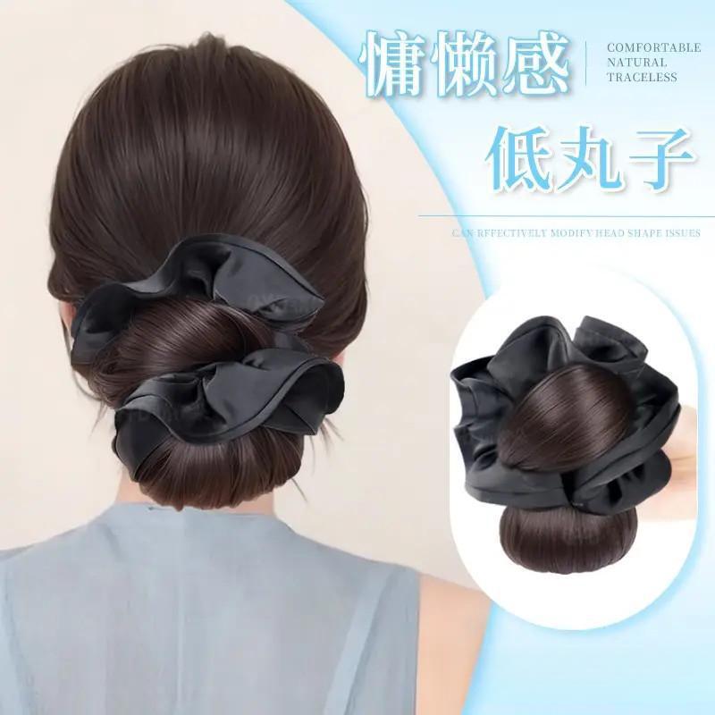 Elegant and sophisticated scrunchie with ruffled edges, bun wig claw clip, low ponytail, and floral bun hairstyle
