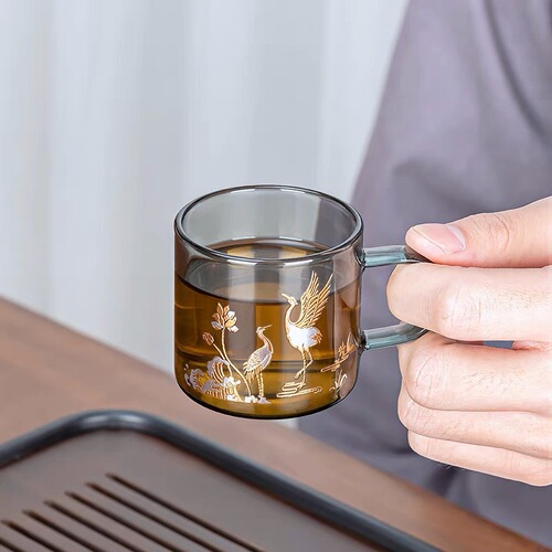 High borosilicate glass small tea cup for home reception and drinking, heat-resistant glass printed tea cup, kung fu tea set accessories
