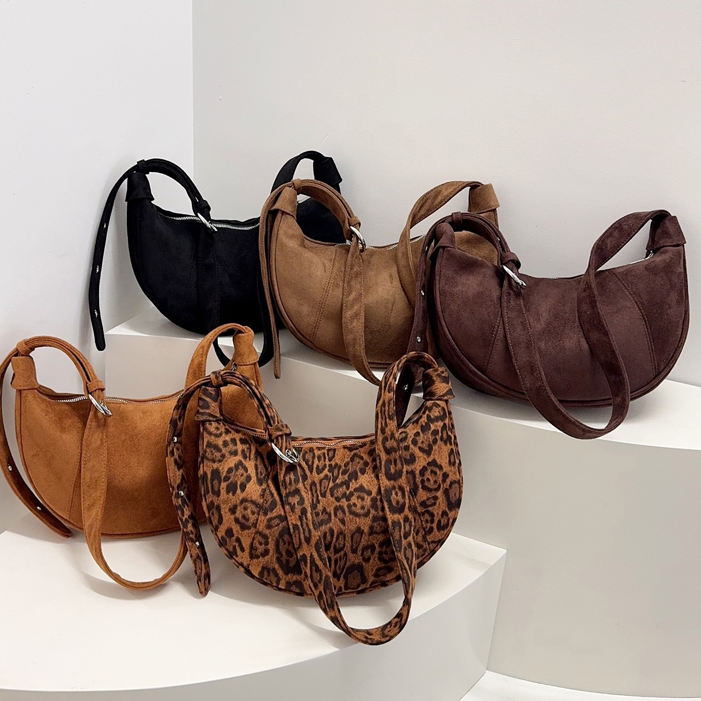 Leopard Print Crescent Zip Closure Shoulder Bag 1