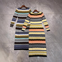 跨境外贸针织连衣裙休闲百搭欧美时尚通勤宽松长款拼接撞色连衣裙