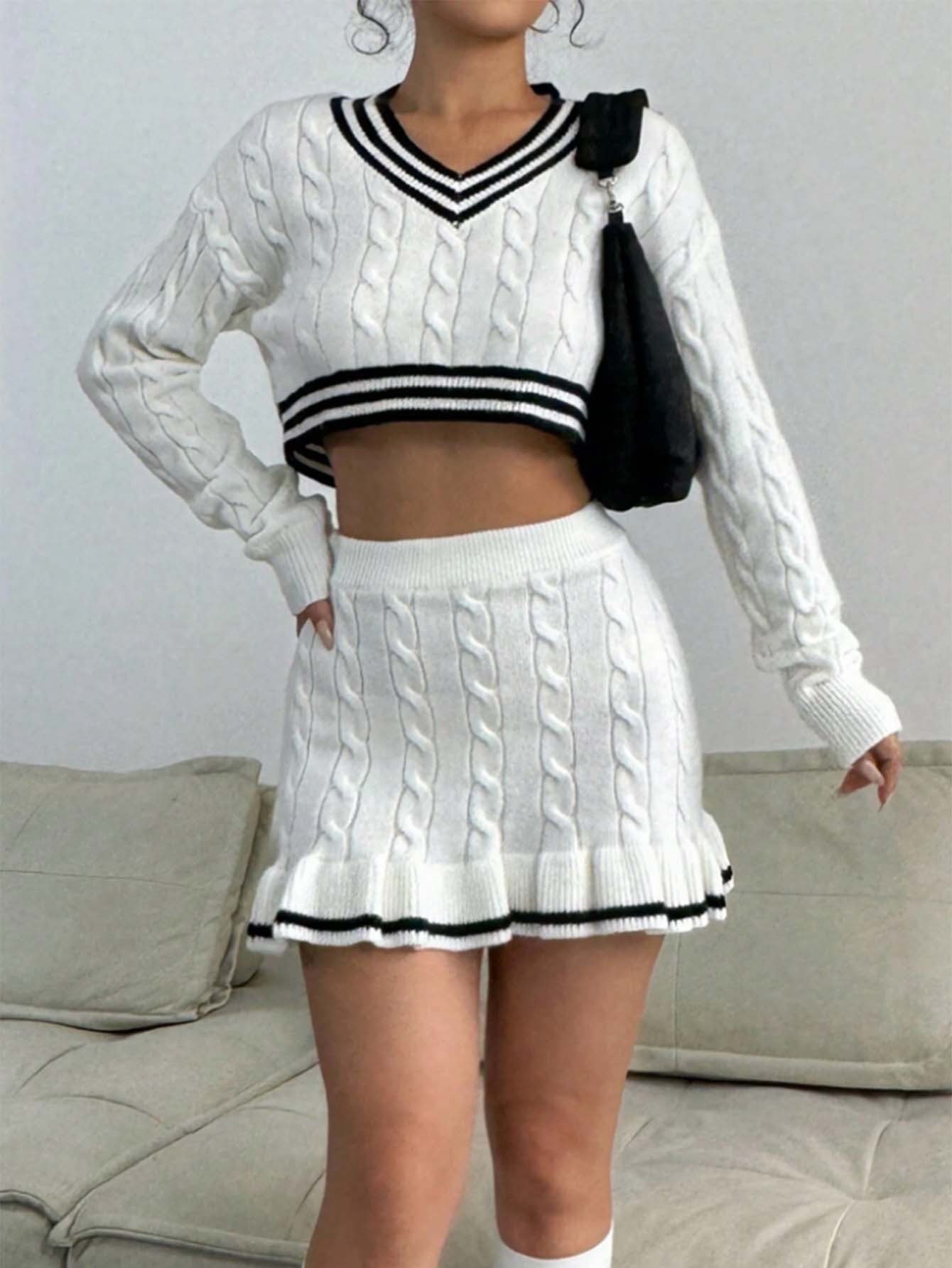 Cross-Border Amazon Summer New Striped V-Neck College-Style Short Knit Top + Stylish Short Skirt Set