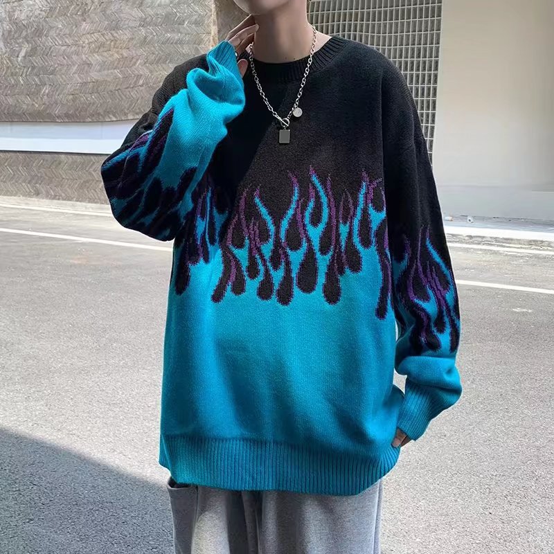 Autumn and Winter Men's Korean Color-Blocked Jacquard Flame Knitwear Men's Fashionable Stylish Gradient Color Loose Round Neck Knitwear Men