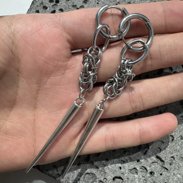 Gothic style metal spike earrings, punk chain pendant ear accessories, trendy and cool stainless steel hoop earrings for men and women