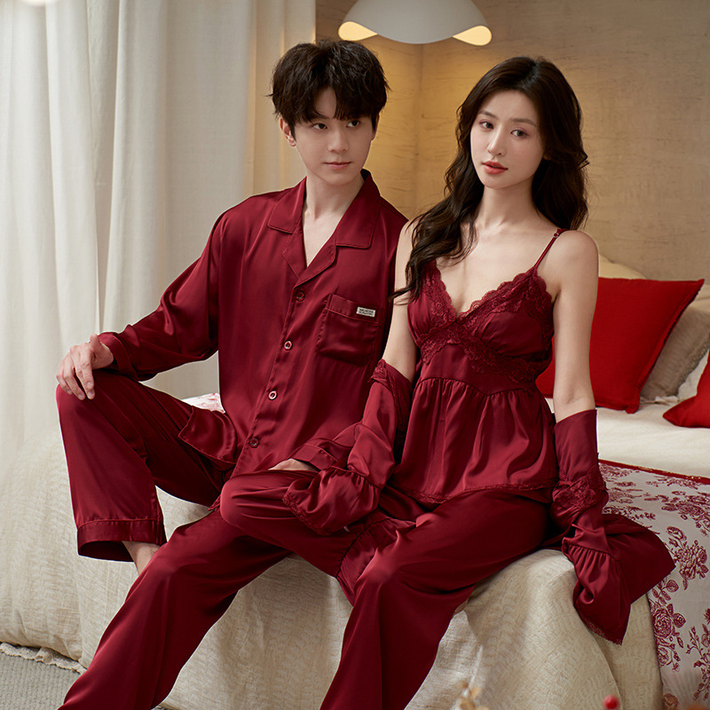 Pajamas Couple's Wedding Newlywed Red Men and Women's Ice Silk Sling Nightgown Morning Gown Long Sleeve Life Year Silk suit