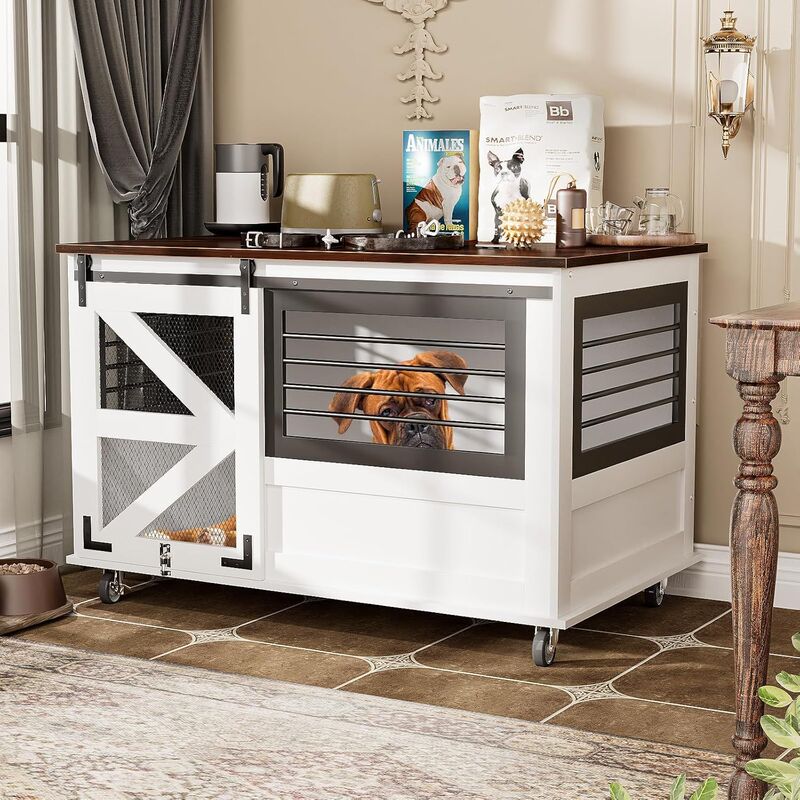 Farmhouse Wooden Decorative Dog Crate with Top Entrance, Teasing Feeding Door, and Wheels