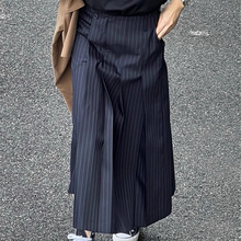 韩国chic夏季复古学院风高腰百搭显瘦A字竖条纹百褶半身裙长裙女