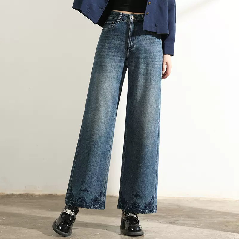 厂家直销新款九分莱赛尔棉裤脚刺绣直筒裤复古水洗蓝宽松牛仔裤女