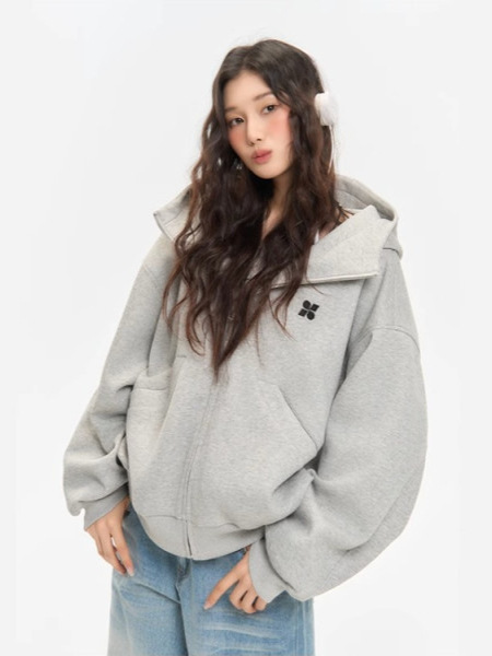美式复古拉链开衫连帽卫衣女春秋宽松设计简约学院风休闲百搭外套|undefined