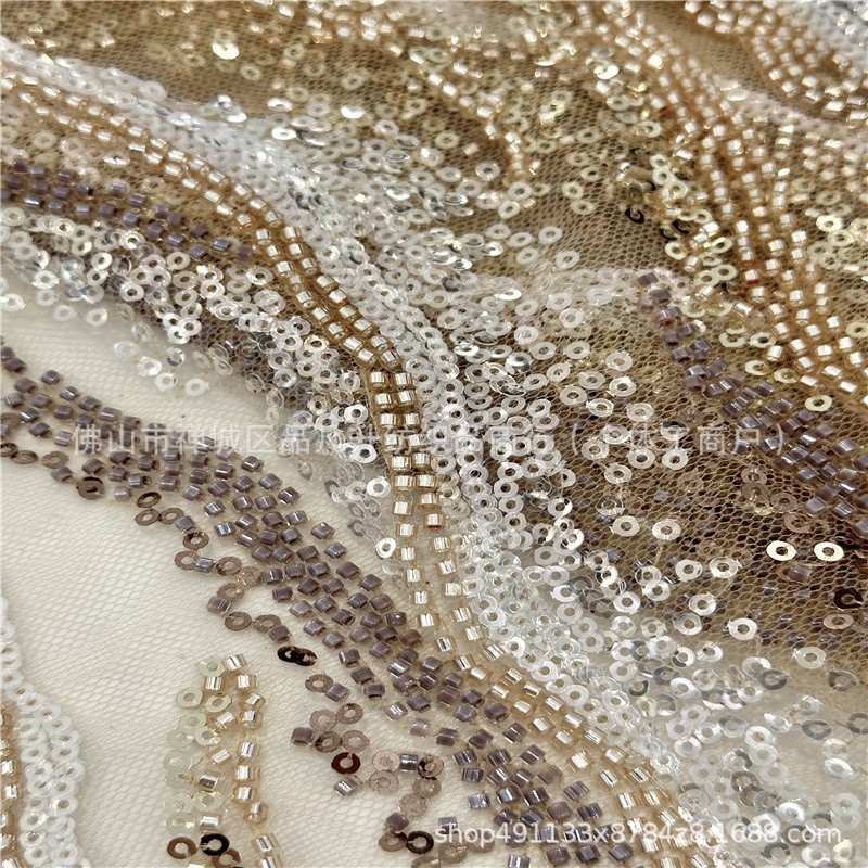 Tubo de perlas bordado sequinilla tela tela de malla de encaje industria pesada moda transfronteriza tela de vestido de boda