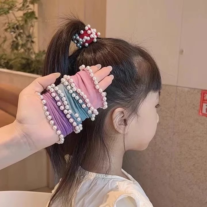 Niños máscaras de perlas anillo para el cabello de niñas de alta elasticidad no lesionar la cuerda de cabello 2024 nueva chica cabello de cola de caballo adornos para el cabello