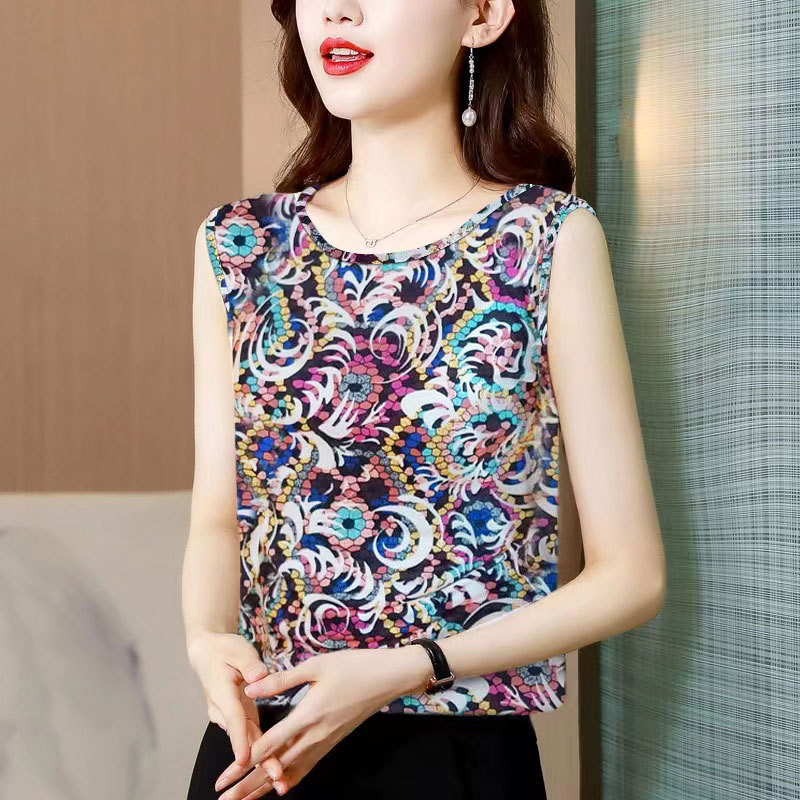 Fashionable New Style Belly-Covering Sleeveless Floral Top for Summer, Ice Silk Vest for Women, Round Neck, Breathable, Large Size, Slimming