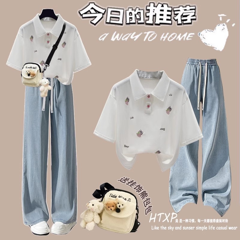 女学生短袖T恤夏季初中学生学院风甜美刺绣Polo衫洋气穿搭一整套|undefined
