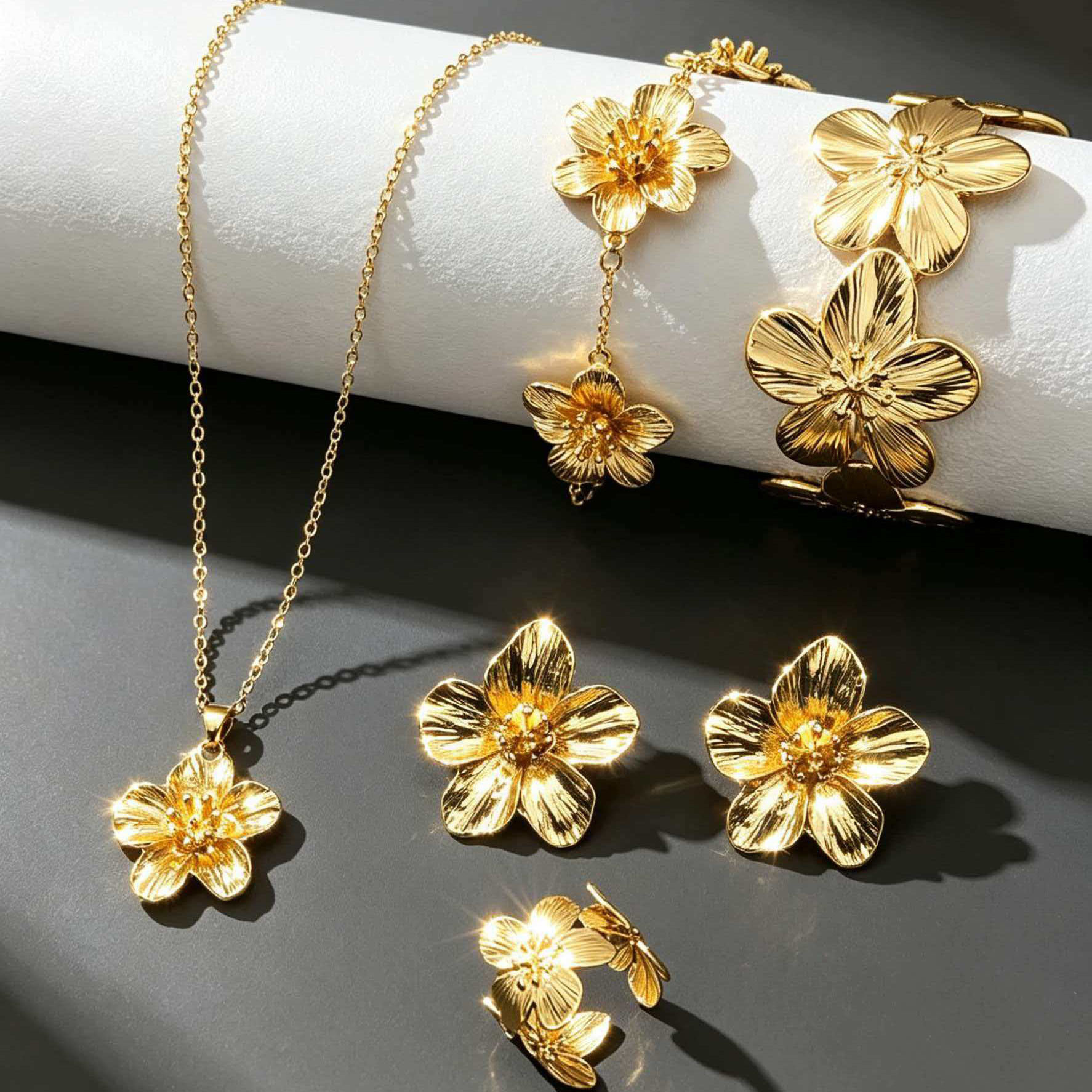 European and American Cross-Border New Luxury Gold Flower Necklace and Earring Set, Unique Design Floral Earring Set