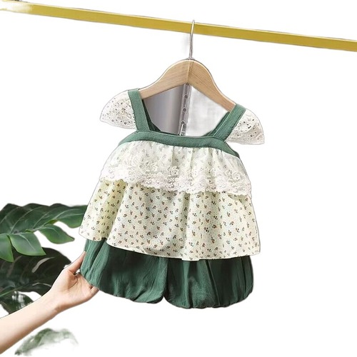 Ladies' Summer Set Stylish and Trendy Children's Clothing Baby Girl Summer Floral Short Sleeve Two-Piece Set Fashion