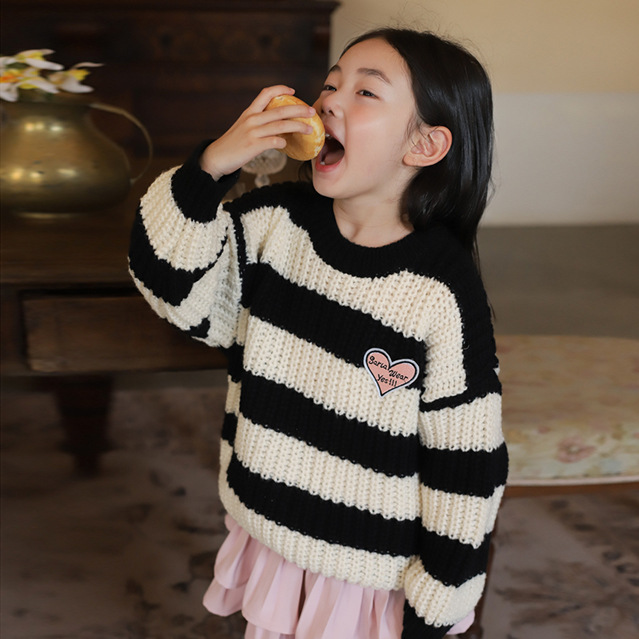 [Chất lượng cao] &Aacute;o len sọc phong c&aacute;ch phương T&acirc;y phong c&aacute;ch H&agrave;n Quốc cho trẻ em vừa v&agrave; lớn &Aacute;o len dệt kim cổ tr&ograve;n cho b&eacute; g&aacute;i m&ugrave;a thu