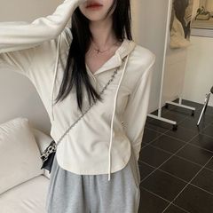 纯欲连帽t恤女早秋2025新款设计感小众修身显瘦鱼骨卫衣长袖上衣