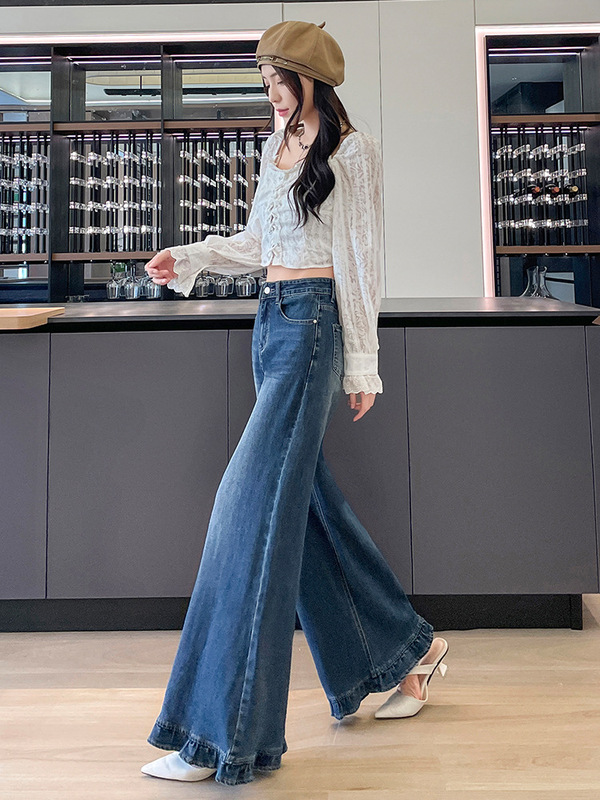 复古超火港风花边阔腿牛仔裤女秋季2025新款弹力慵懒风大脚喇叭裤|undefined