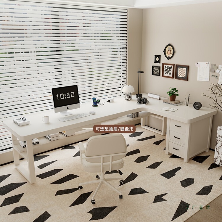 Cream Style Solid Wood Corner Desk L-Shaped 7-Shaped Corner Double Study Table Computer Desk Bookshelf Integrated Long Table