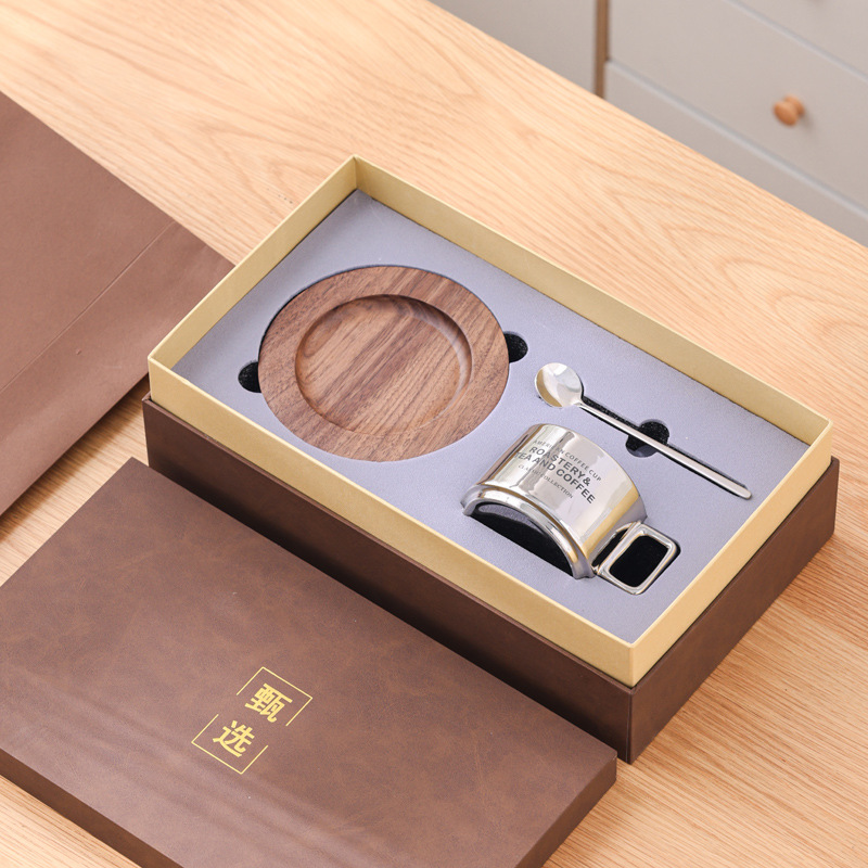 Plata + soporte de Copa de nogal nuevo + cuchara de acero con bolsa de caja de regalo nueva