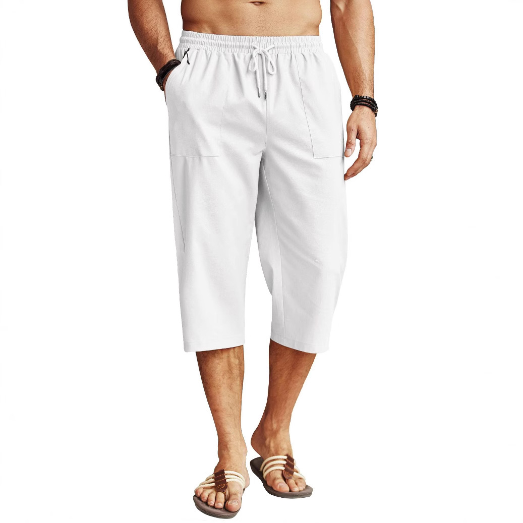 Europäische und amerikanische grenzüberschreitende Bestseller: Herren-Strandhose mit mittelhohem Bund, Kordelzug, einfarbig, verkürzt, mit Taschen, ideal für Yoga und Strand._voghion.com