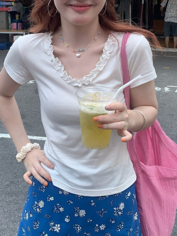 人棉法式时尚2025夏季新款浪漫好看木耳边V领短袖T恤上衣打底衫女|undefined