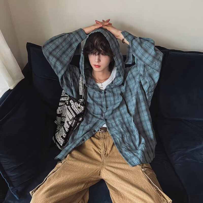 Gray Hooded Plaid Long-Sleeved Shirt for Men, High-End, Handsome, Sun Protection Shirt, Loose, Lazy and Drapedy Casual Jacket Gray Hooded Plaid Long-Sleeved Shirt for Men, High-End, Handsome, Sun Protection Shirt, Loose, Lazy and Drapedy Casual Jacket