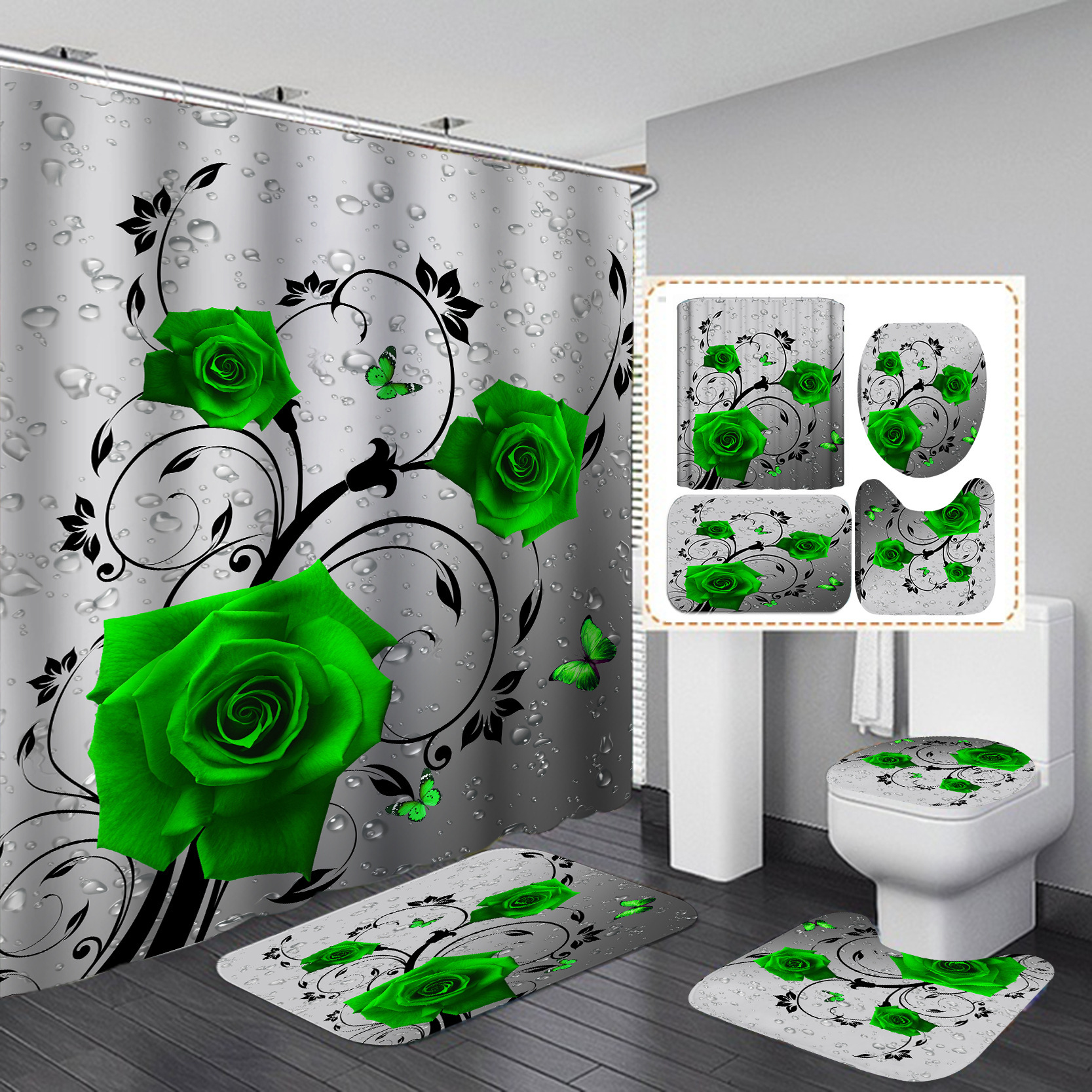 Cortina de baño impermeable y seca rápida, almohadilla de inodoro, baño transfronterizo, conjunto de cuatro piezas, cortina de aislamiento de baño antideslizante impresa en rosa image 30