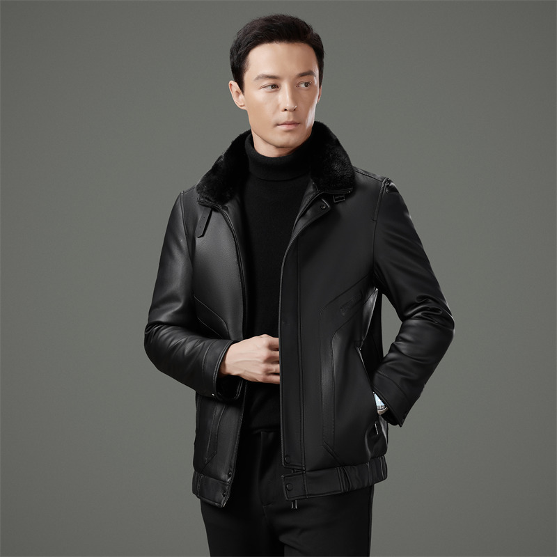 海宁绵羊皮皮衣男2025冬季新款中年爸爸装翻领休闲保暧皮羽绒外套