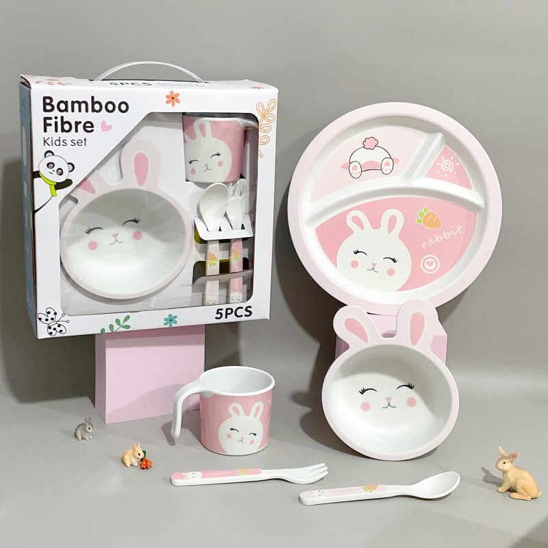 Bamboo Fiber Cartoon Rabbit Tableware Children's Rice Bowl Baby's Dielectric Plate Dishes Set Maternal and Baby Store Gift